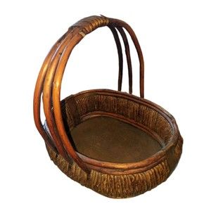 Basket with Handle Wood bottom  possibly raffia  and reed